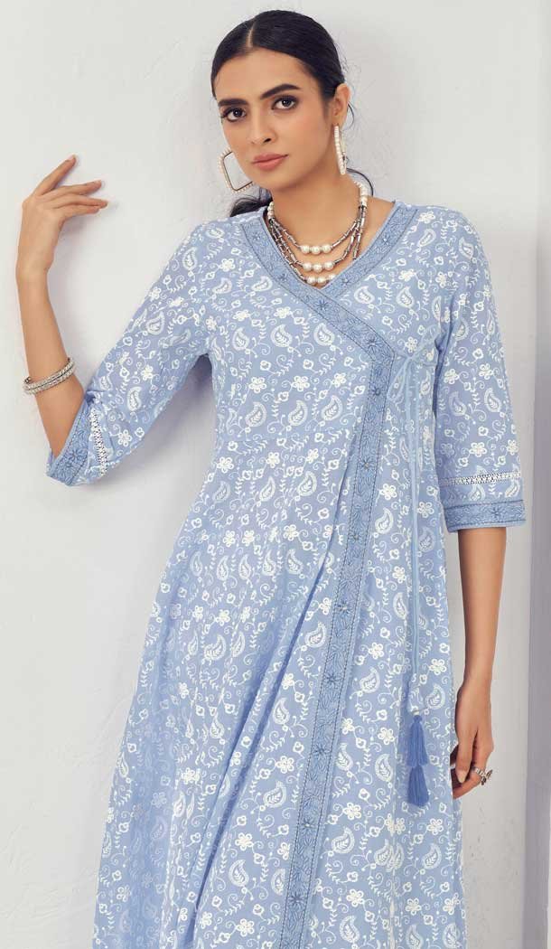 Light Blue Pure Cotton Embroidered Party Wear Palazzo Suit - 9930191314