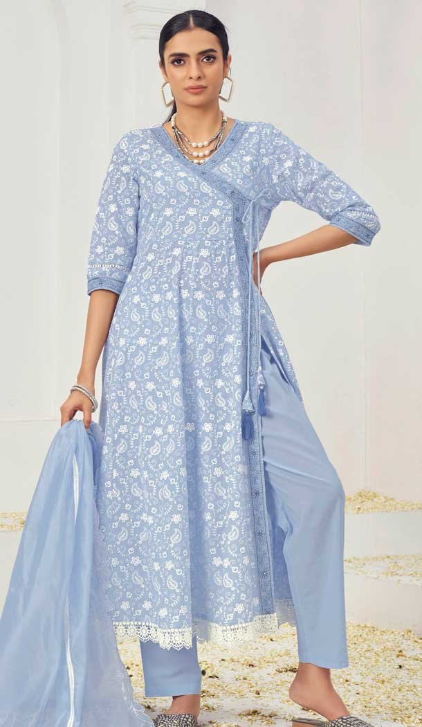 Light Blue Pure Cotton Embroidered Party Wear Palazzo Suit - 9930191314