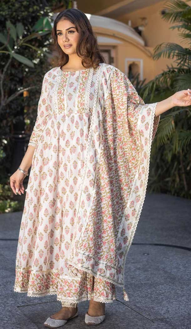 Cotton Print Work Casual Wear Readymade Salwar Kameez In Off White - 9966191499