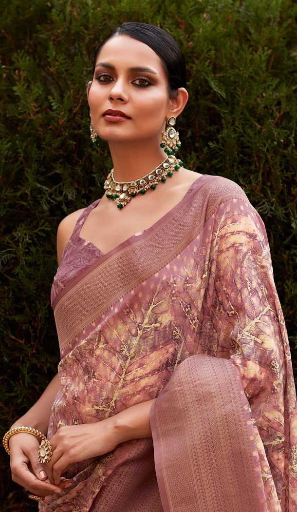 Soft Tissue Silk Digital Printed Party Wear Saree In Old Rose - 9973191549