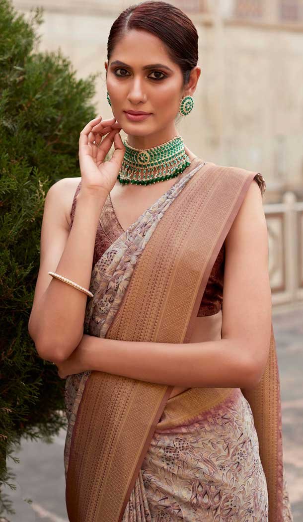 Soft Tissue Silk Digital Printed Party Wear Saree In Peach - 9973191552