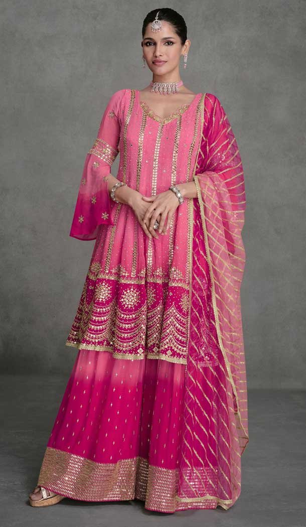 Rani Pink Georgette Embroidery Work Party Wear Sharara Suit - 9981191689