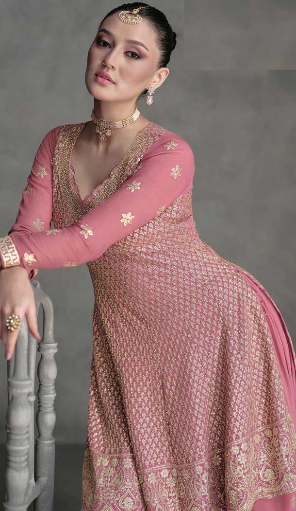 Baby Pink Georgette Embroidery Work Party Wear Sharara Suit - 9981191691