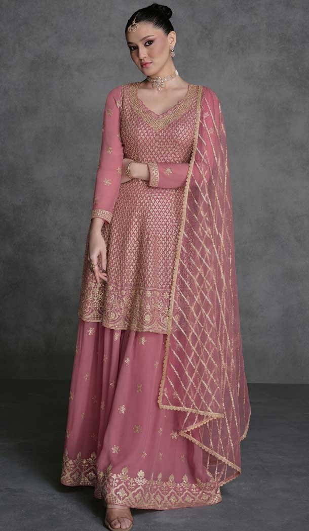Baby Pink Georgette Embroidery Work Party Wear Sharara Suit - 9981191691
