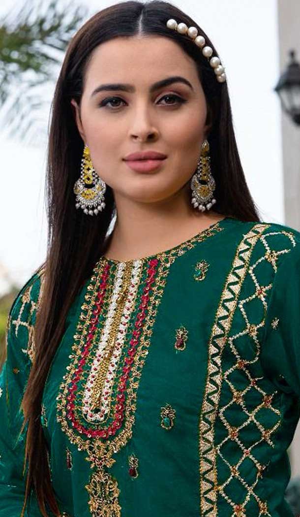 Green Organza Embroidered Pakistani Style Salwar Suit - 9985191705