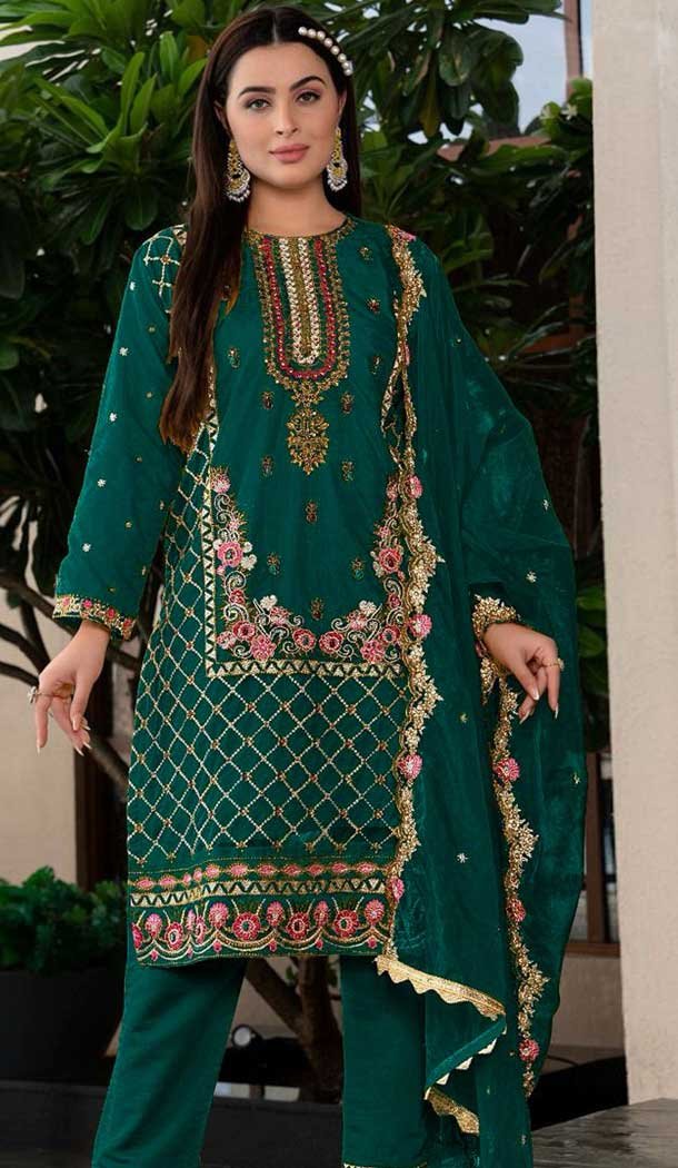 Green Organza Embroidered Pakistani Style Salwar Suit - 9985191705