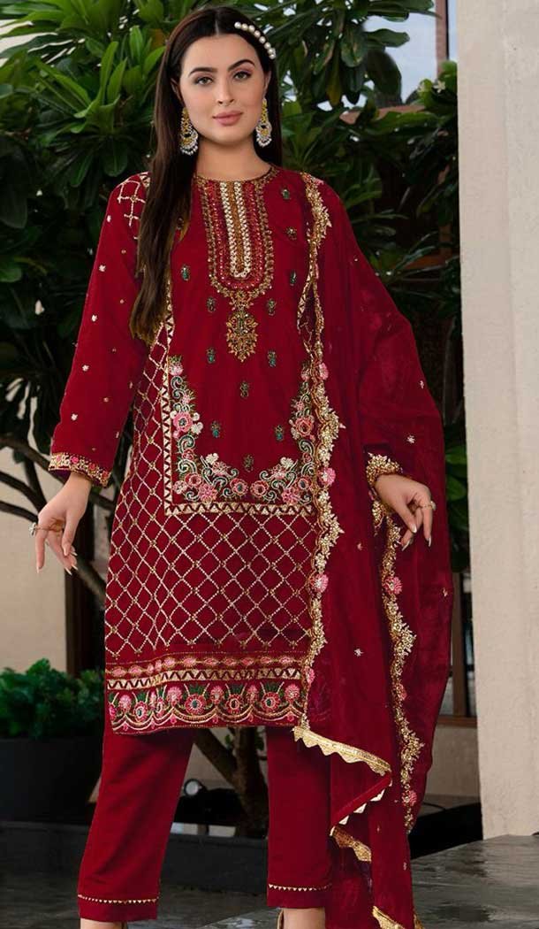 Maroon Organza Embroidered Pakistani Style Salwar Suit - 9985191706