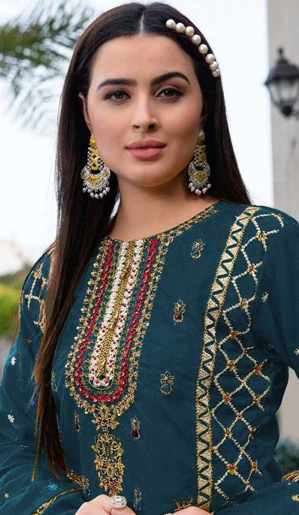 Teal Blue Organza Embroidered Pakistani Style Salwar Suit - 9985191707