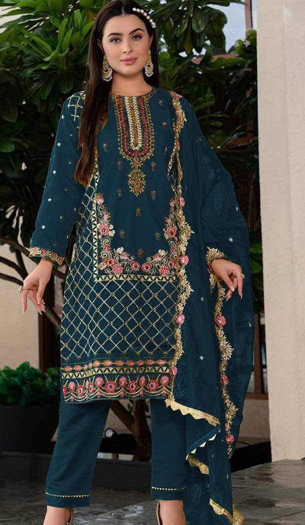 Teal Blue Organza Embroidered Pakistani Style Salwar Suit - 9985191707