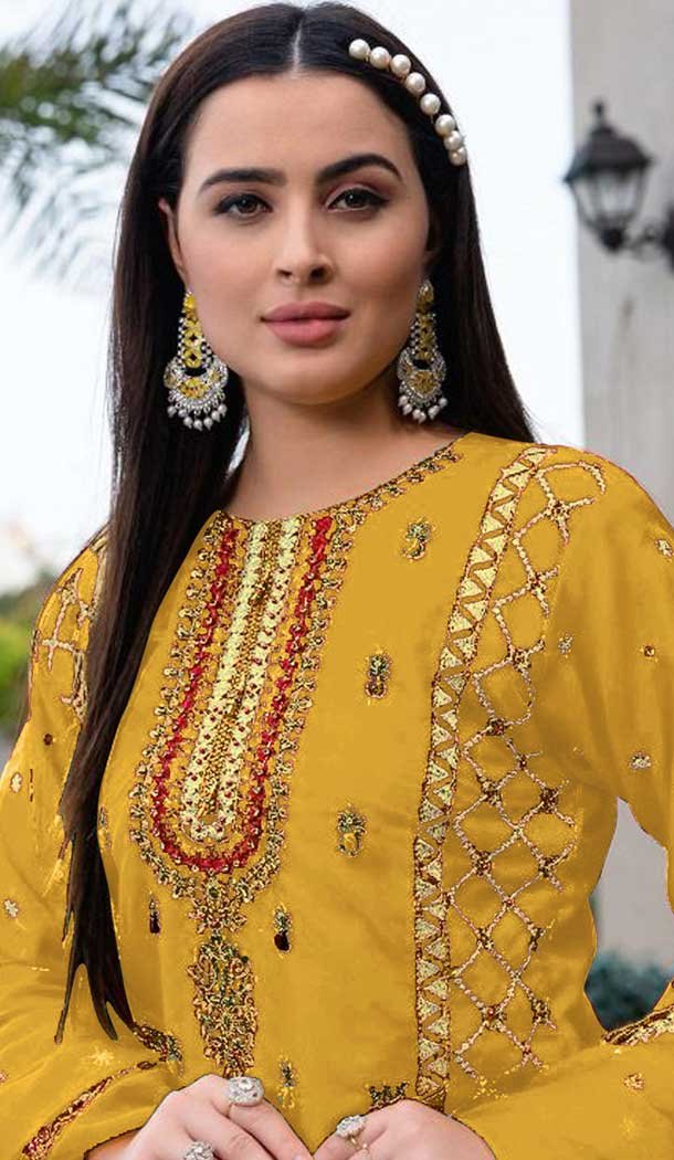 Mustard Organza Embroidered Pakistani Style Salwar Suit - 9985191708