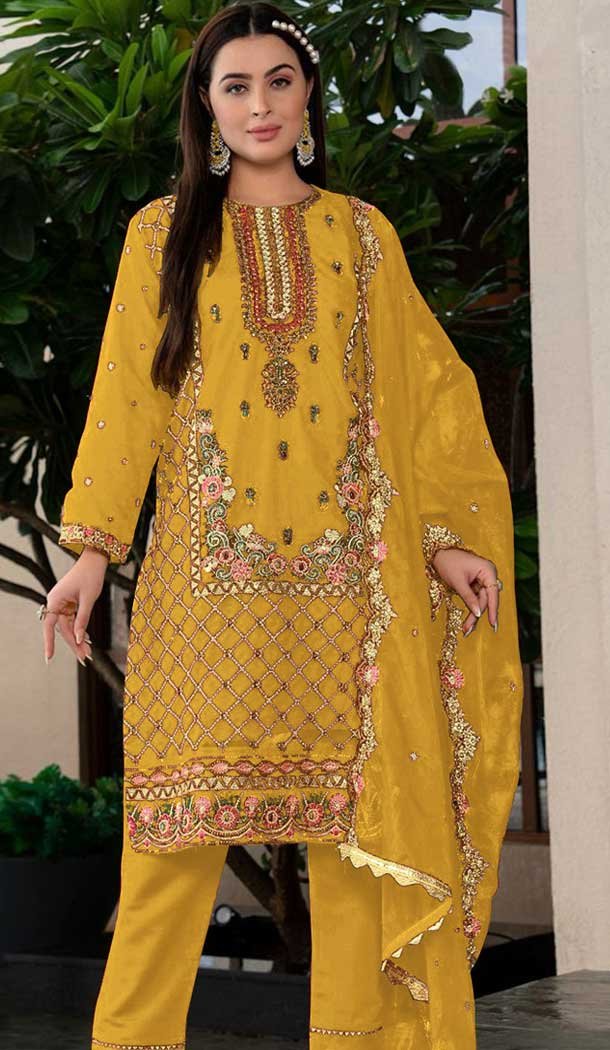 Mustard Organza Embroidered Pakistani Style Salwar Suit - 9985191708