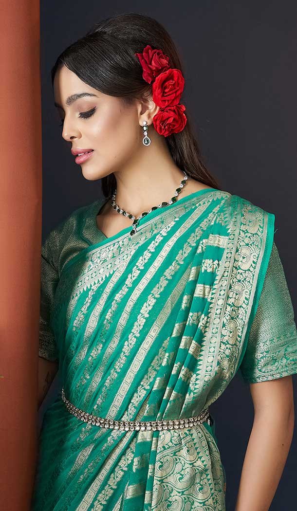 Mint Green Pure Georgette Zari Work Party Wear Saree - 9988191715