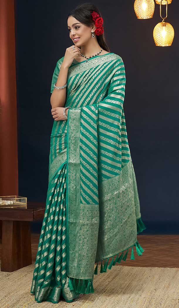 Mint Green Pure Georgette Zari Work Party Wear Saree - 9988191715