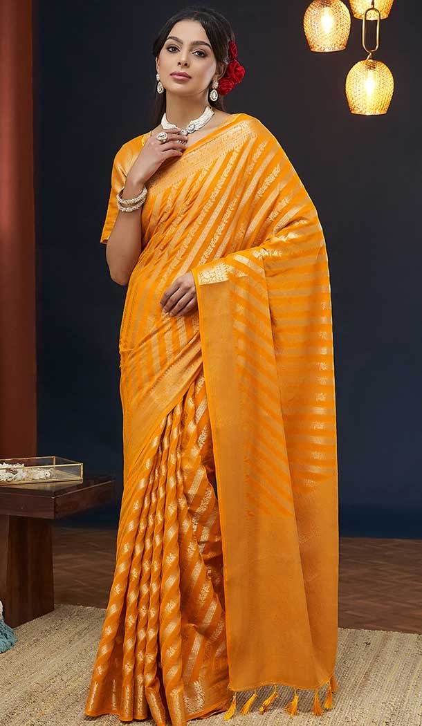 Mustard Pure Georgette Zari Work Party Wear Saree - 9988191720