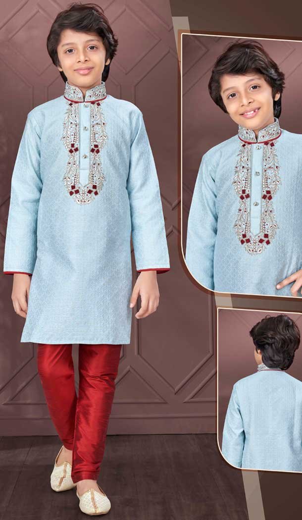 Sky Blue Jacquard Resham Work Function Wear Kids Kurta Pajama - 9998191768