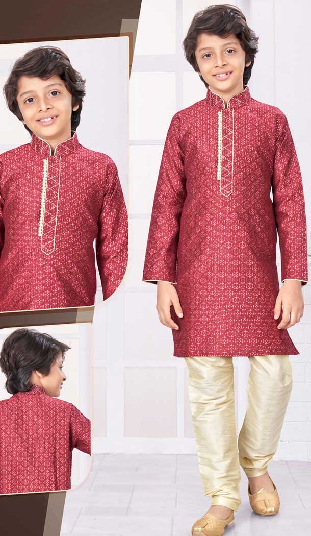 Maroon Jacquard Resham Work Function Wear Kids Kurta Pajama - 9998191771