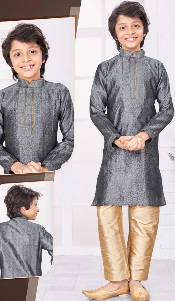 Jacquard Grey Resham Work Function Wear Kids Kurta Pajama - 9998191777