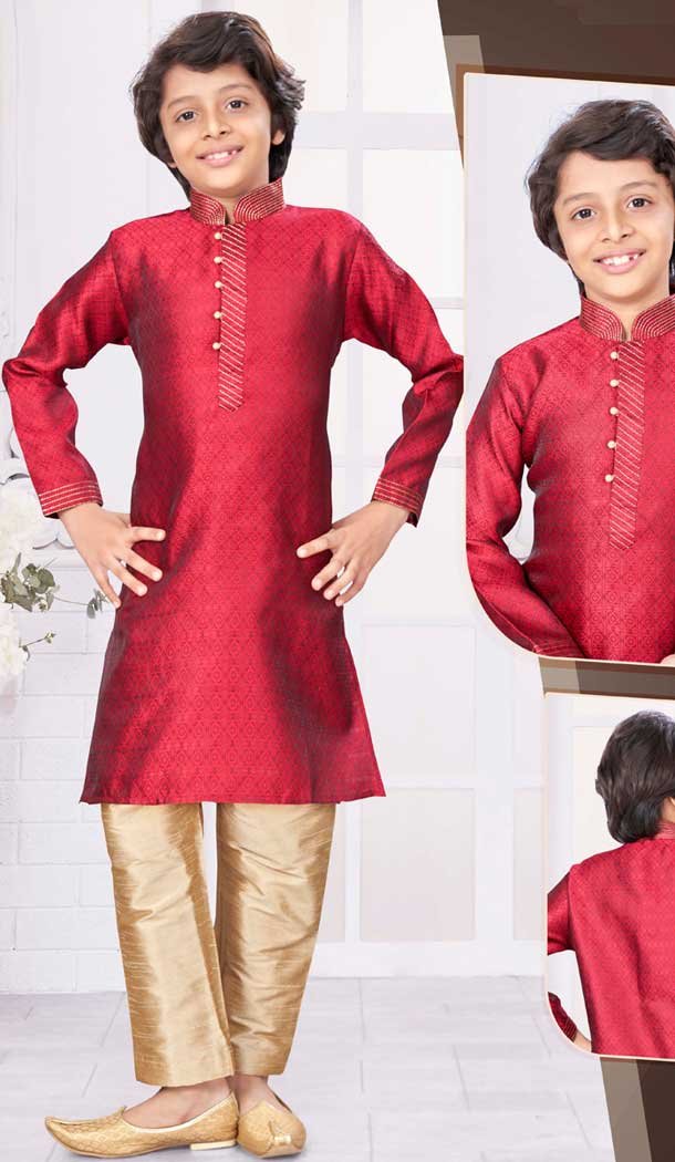 Jacquard Maroon Resham Work Function Wear Kids Kurta Pajama - 9998191778