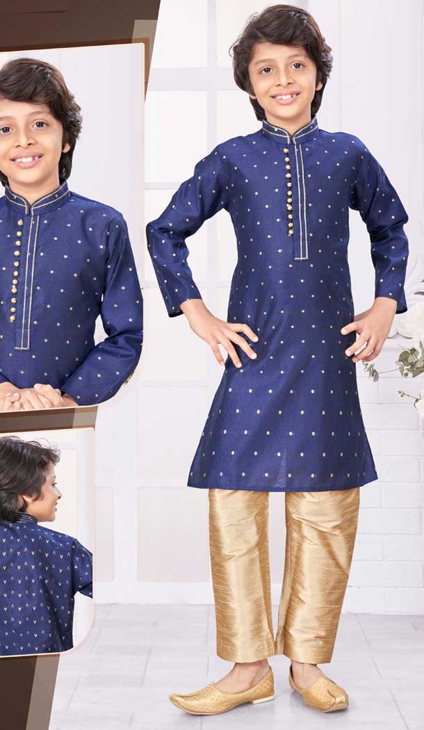 Jacquard Navy Blue Resham Work Function Wear Kids Kurta Pajama - 9998191779