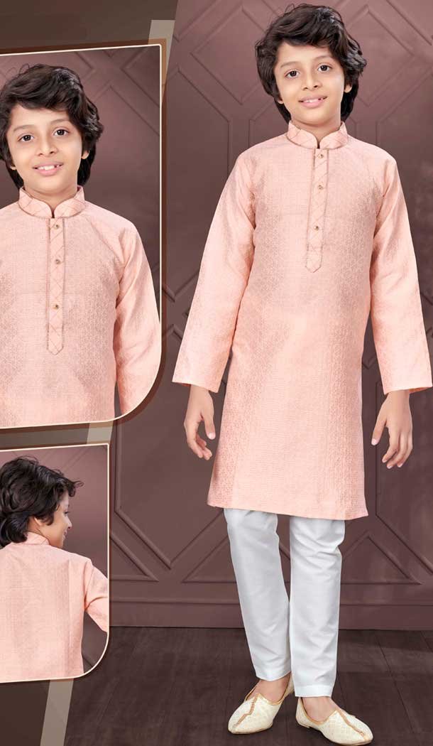 Peach Jacquard Resham Work Function Wear Kids Kurta Pajama - 9998191786