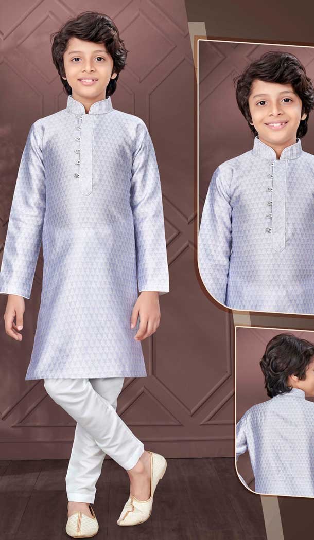 Light Lavender Jacquard Resham Work Function Wear Kids Kurta Pajama - 9998191787