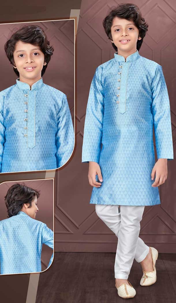Jacquard  Sky Blue Resham Work Function Wear Kids Kurta Pajama - 9998191788