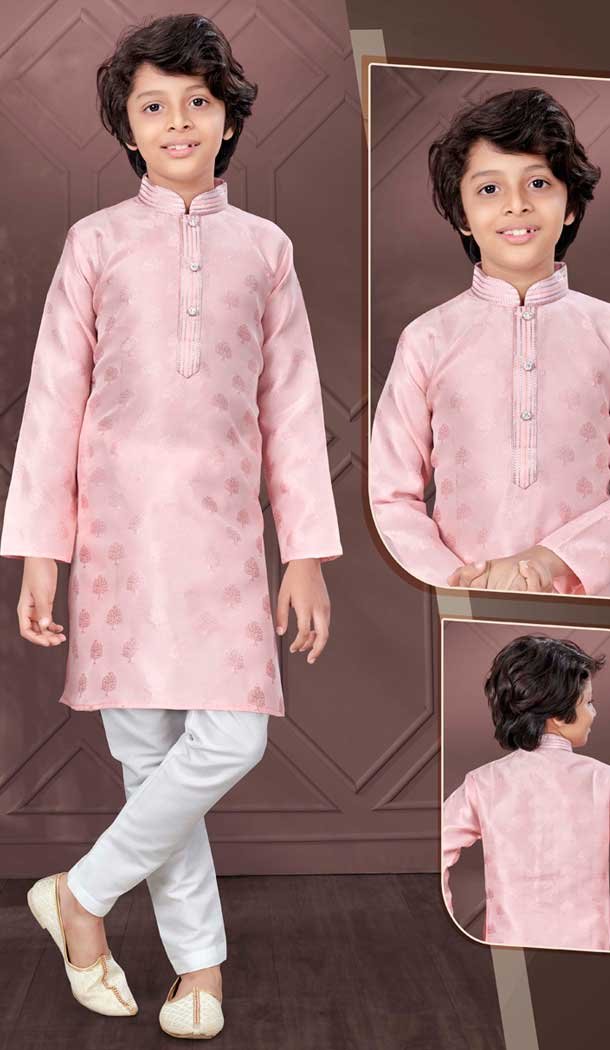 Pink Jacquard Resham Work Function Wear Kids Kurta Pajama - 9998191789