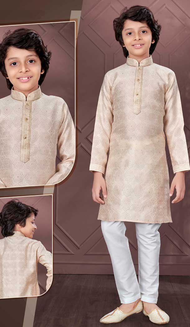 Jacquard Cream Resham Work Function Wear Kids Kurta Pajama - 9998191792