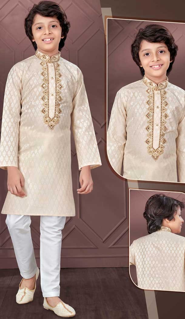 Light Gold Jacquard Resham Work Function Wear Kids Kurta Pajama - 9998191794