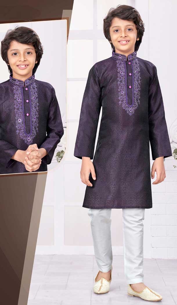 Wine Jacquard Resham Work Function Wear Kids Kurta Pajama - 9998191795