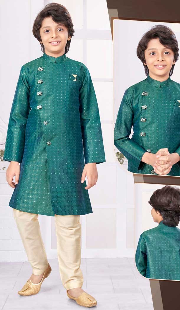 Green Jacquard Resham And Zari Work Function Wear Kids Kurta Pajama - 9998191825