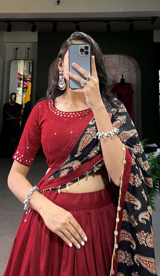 Maroon Cotton Mirror Hand Work Navratri Chaniya Choli - 10006191863