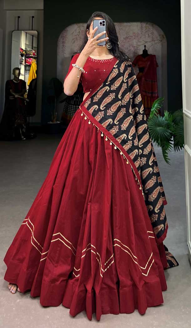 Maroon Cotton Mirror Hand Work Navratri Chaniya Choli - 10006191863