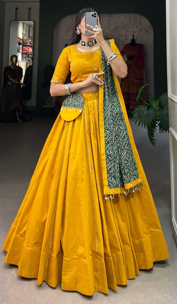 Mustard Cotton Mirror Hand Work Navratri Chaniya Choli - 10006191864
