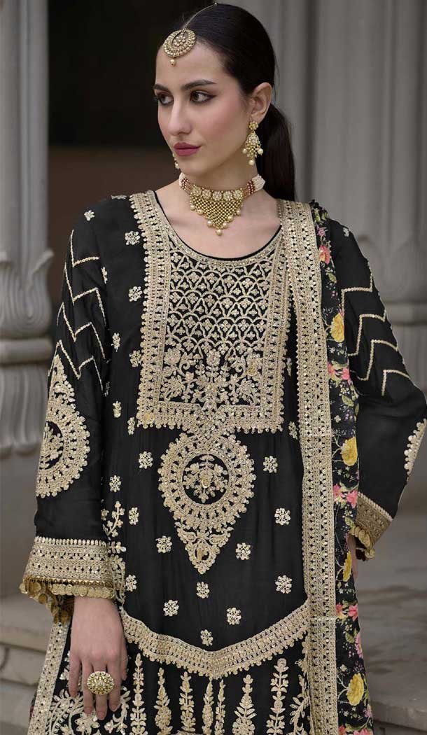 Chinon Embroidered Party Wear Readymade Sharara Suit In Black - 10008191869