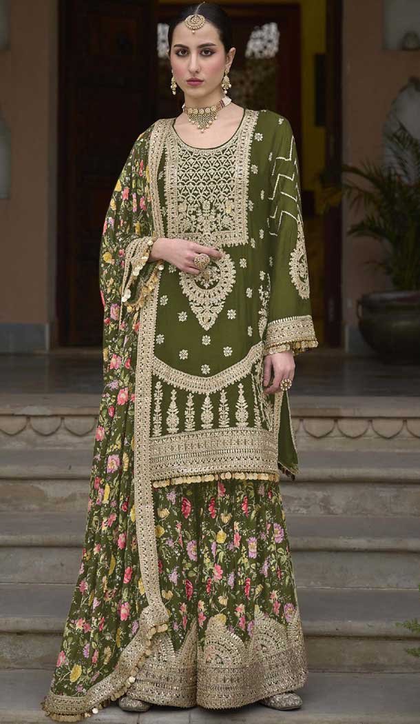 Chinon Embroidered Party Wear Readymade Sharara Suit In Mehendi Green - 10008191872