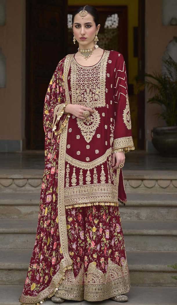 Chinon Embroidered Party Wear Readymade Sharara Suit In Maroon - 10008191873