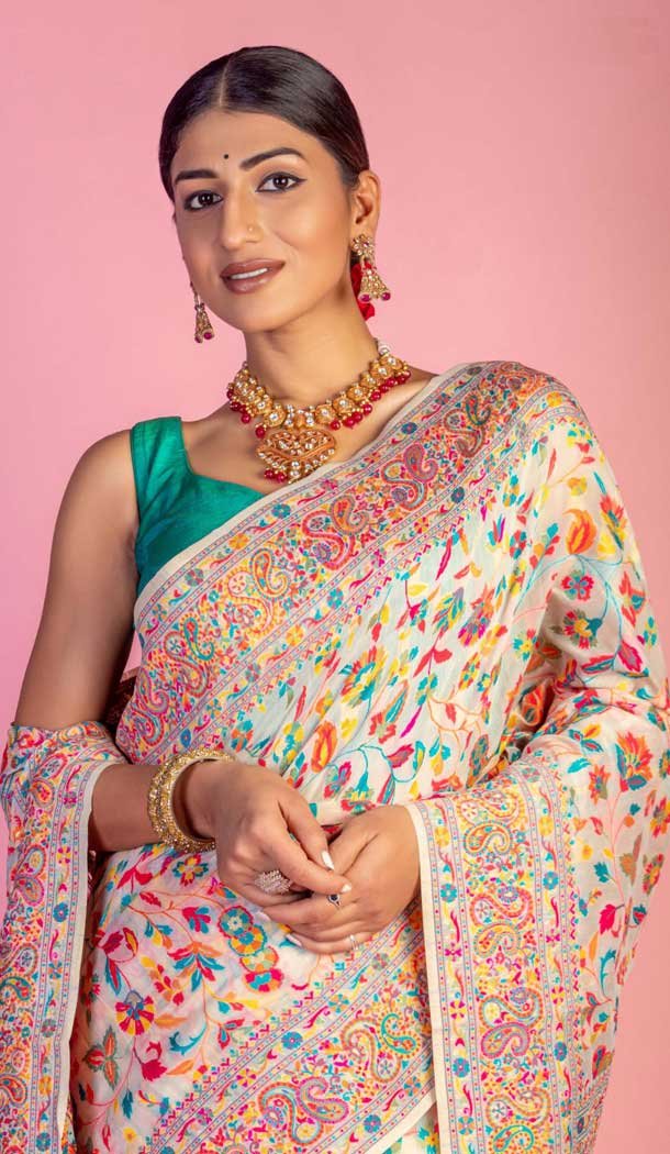 Kashmiri Pashmina Resham Work Traditional Wear Saree In Cream - 9975191562