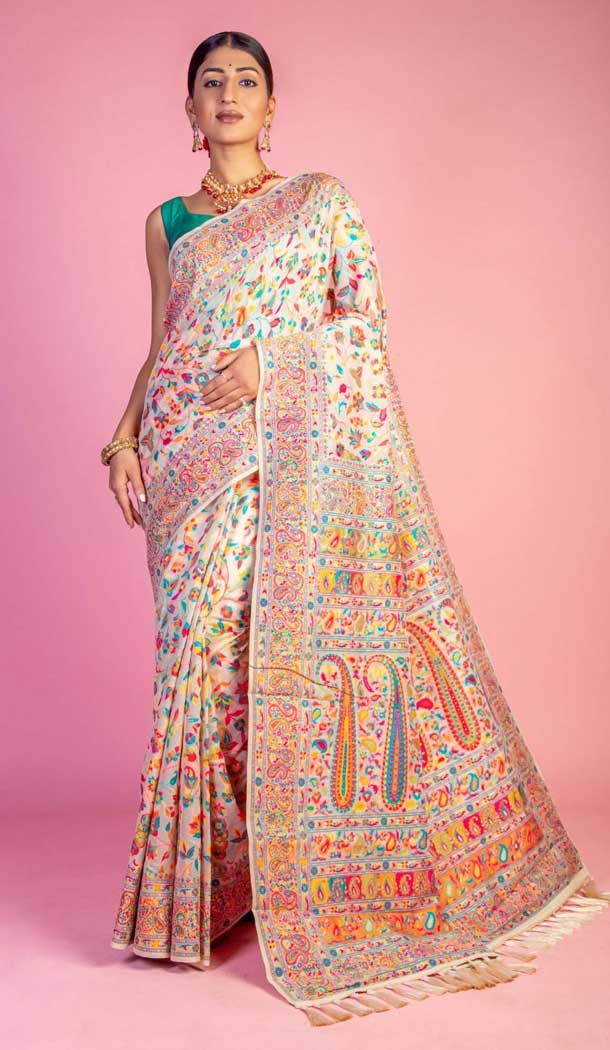 Kashmiri Pashmina Resham Work Traditional Wear Saree In Cream - 9975191562