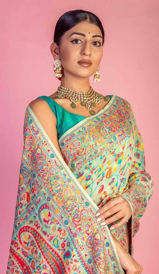 Kashmiri Pashmina Resham Work Traditional Wear Saree In Light Green - 9975191563