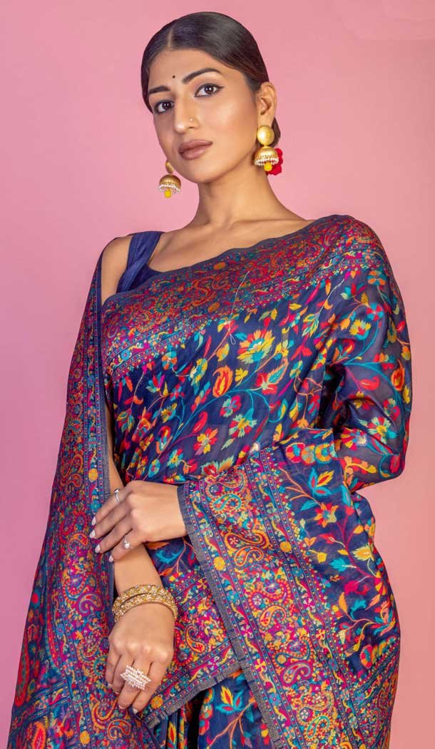 Kashmiri Pashmina Resham Work Traditional Wear Saree In Navy Blue - 9975191564