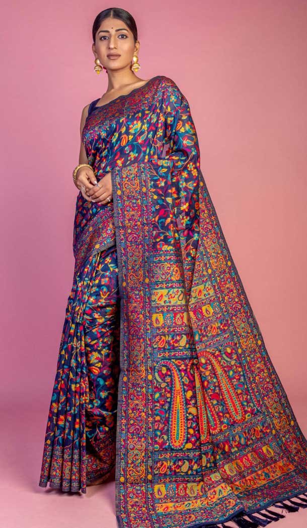 Kashmiri Pashmina Resham Work Traditional Wear Saree In Navy Blue - 9975191564
