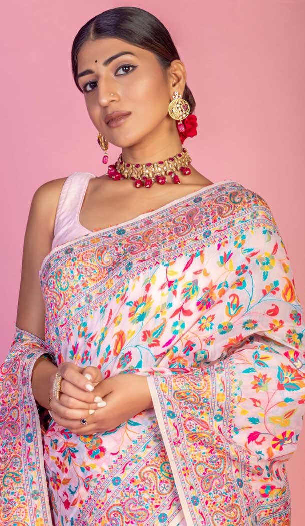 Kashmiri Pashmina Resham Work Traditional Wear Saree In Light Pink - 9975191565