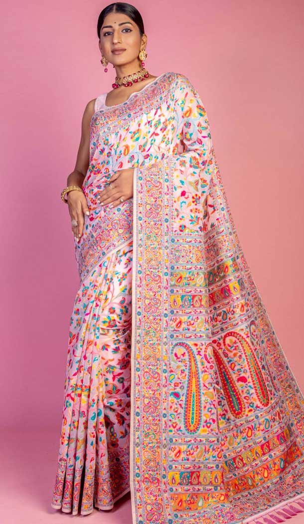 Kashmiri Pashmina Resham Work Traditional Wear Saree In Light Pink - 9975191565