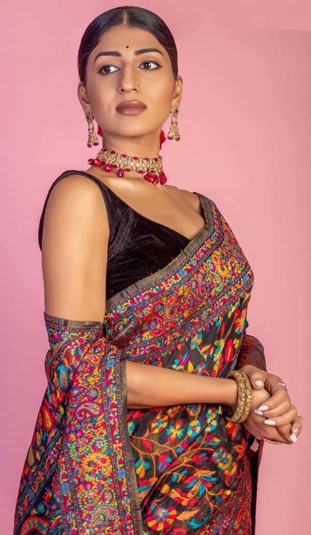 Kashmiri Pashmina Resham Work Traditional Wear Saree In Black - 9975191566