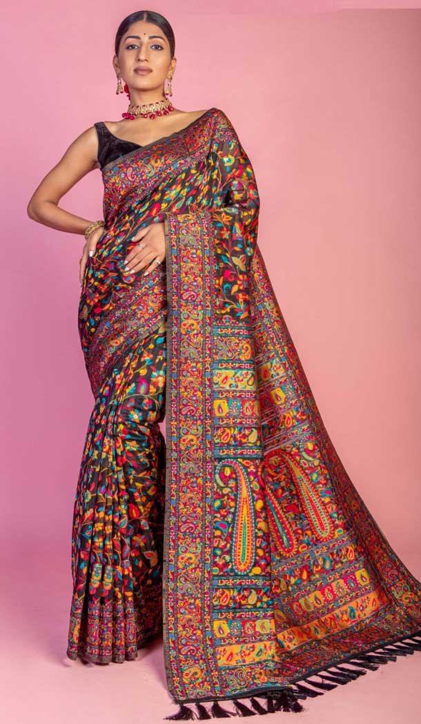 Kashmiri Pashmina Resham Work Traditional Wear Saree In Black - 9975191566