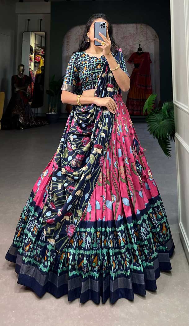 Pink Tussar Silk Zari Work Navratri Lehenga Choli - 10069192179