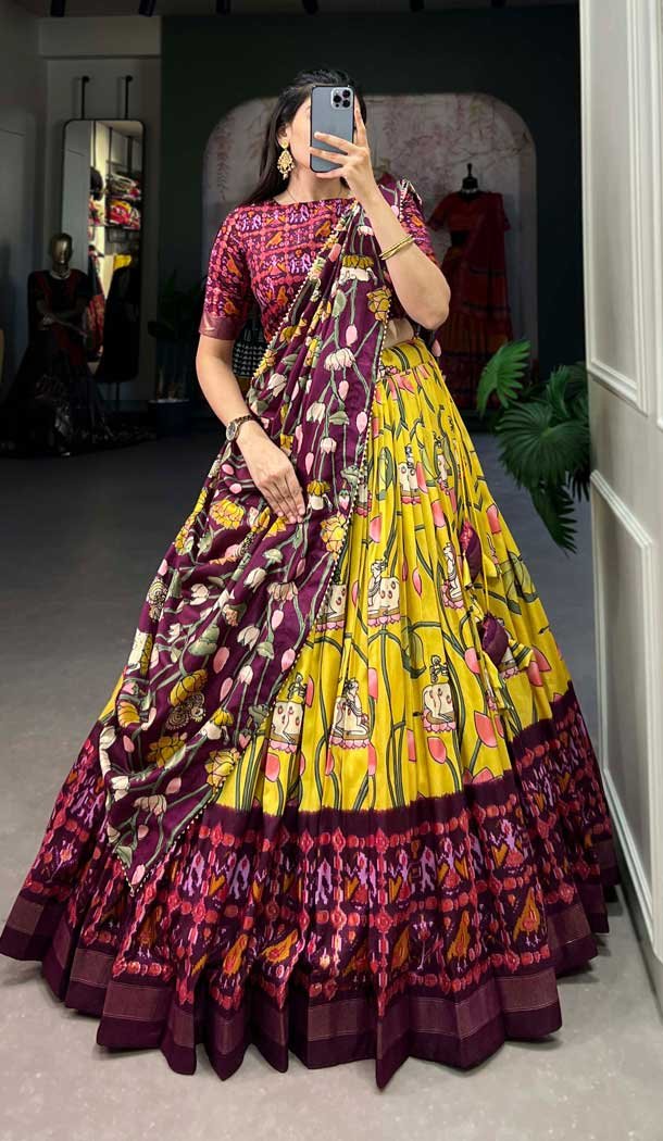 Yellow Tussar Silk Zari Work Navratri Lehenga Choli - 10069192180