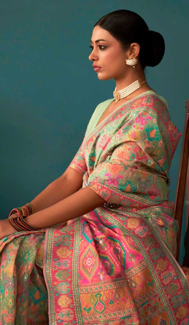 Pista Green Kashmiri Pashmina Woven Work Traditional Wear Saree - 9974191553