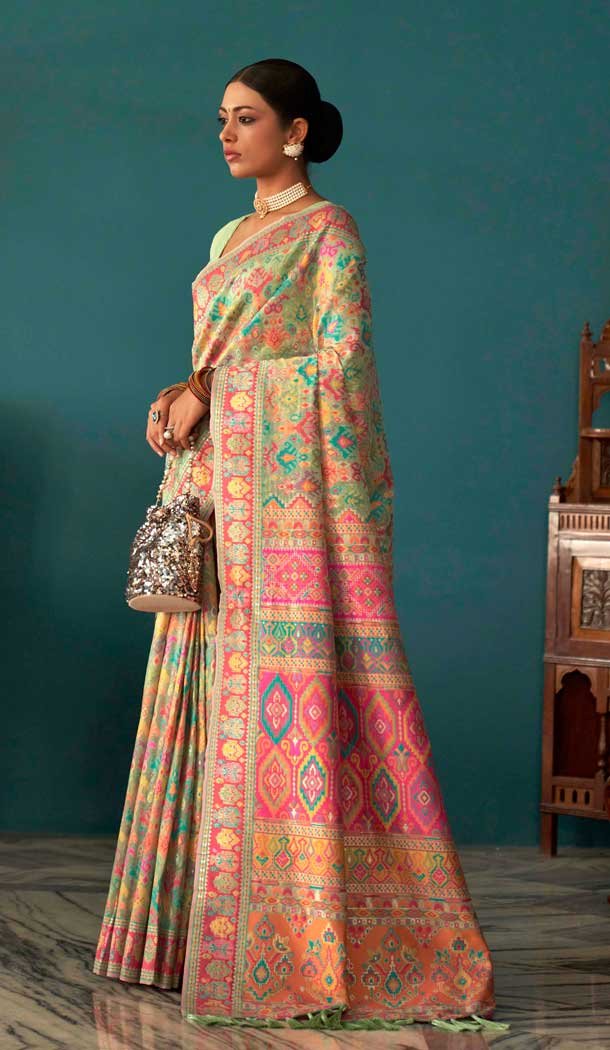 Pista Green Kashmiri Pashmina Woven Work Traditional Wear Saree - 9974191553